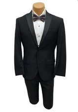 Black Tuxedo with Flat Front Pants Grosgrain Satin Lapels Modern Fit 38R 32W