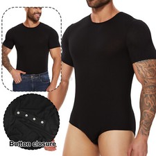 Mens Solid Color Leotard Undershirt Press Button Crotch Bodysuit Short Sleeve