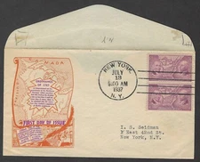 #795 3c Ordinance of 1787 -Orange Dyer FDC pair New York 1937 Hand Stamped