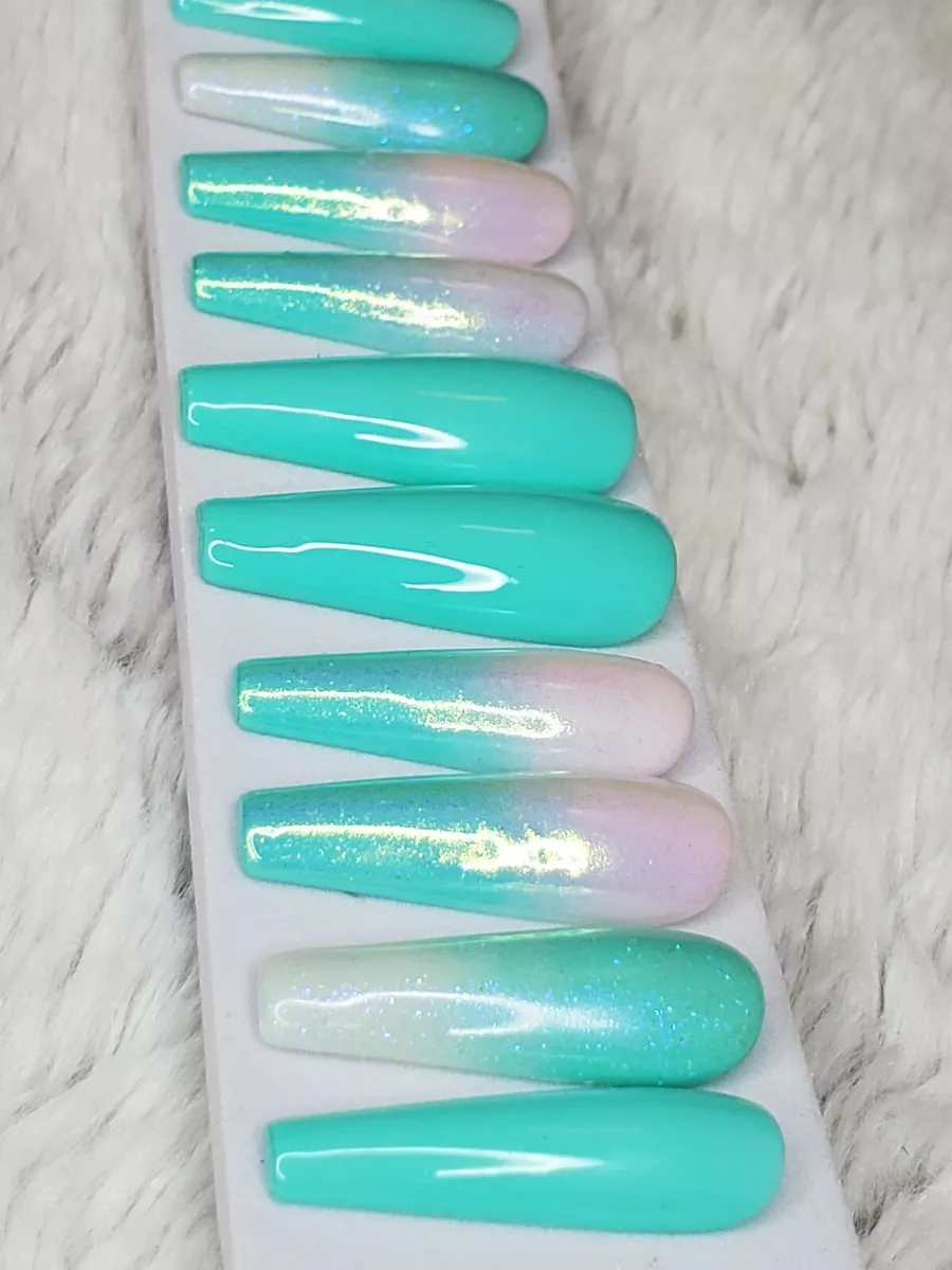 Tiffany green blue nails w chrome glitter bling press on nails