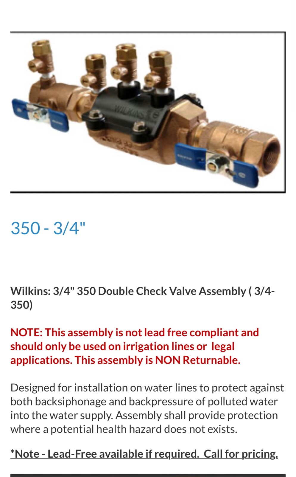 Zurn Wilkins 3/4" 350 Doppel-Rückflussverhinderer – Schutz Vor Verunreinigung Im Wassersystem