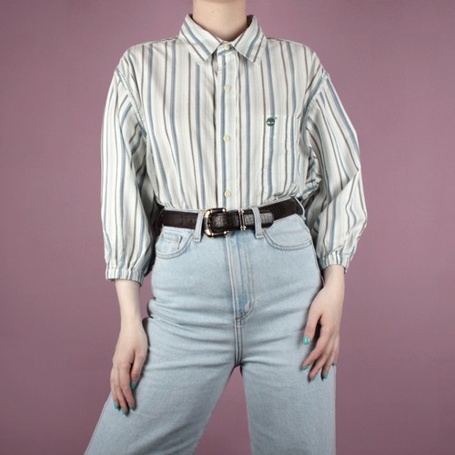 VINTAGE Designer White Blue Stripe Timberland Crop Pattern Top Shirt XL 18 20