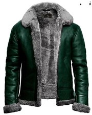 Men's Aviator B3 Bomber Real Green Sheepskin & Faux Shearling Fur Winter Jacket