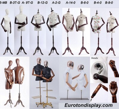 Schneiderpuppe stoffbezogener Torso Holz Arm Finger beweglich Holzstand Dreibein