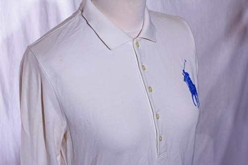 Polo Ralph Lauren Skinny Polo Shirt Long sleeve Off White Large Blue Pony Large - Picture 4 of 8