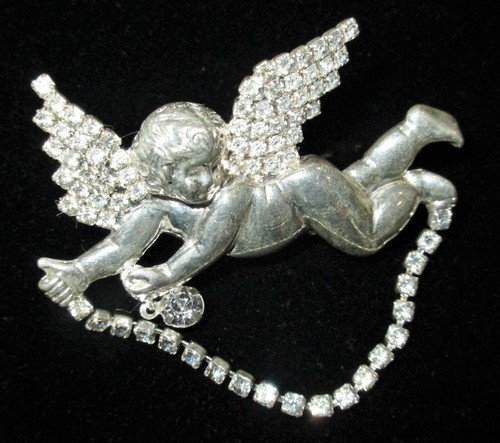 1940'S Vtg BROOCH Wing Cherub Silver/Tone REPOUSSE 60 Rhinestones Drape/claw 4 - Picture 7 of 12