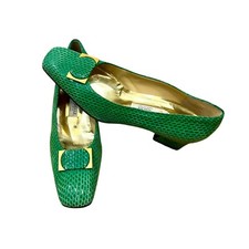 Vtg Italian Green Heels Venezia Designer 80s 7.5 Animal Skin Made In Italy Gold