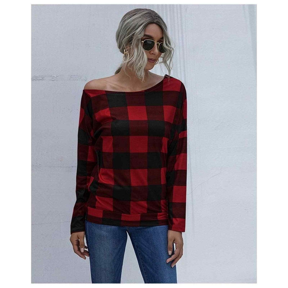 Diagonal Collar Buffalo Plaid Long Sleeve T-shirt