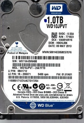 WD10JPVT-24A1YT0 S/N: WX11A DCM: HBOVJBK WESTERN DIGITAL 1TB MALAYSIA MAY 2013