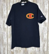 Vintage Champion Black Embroidered Big C Logo Mens XL Classic Crew Neck T Shirt
