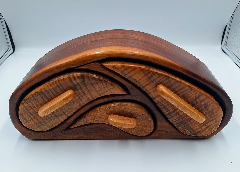 Handcrafted Vintage Artisan Bandsaw Cut Three Drawer Wooden Jewelry Trinket Box