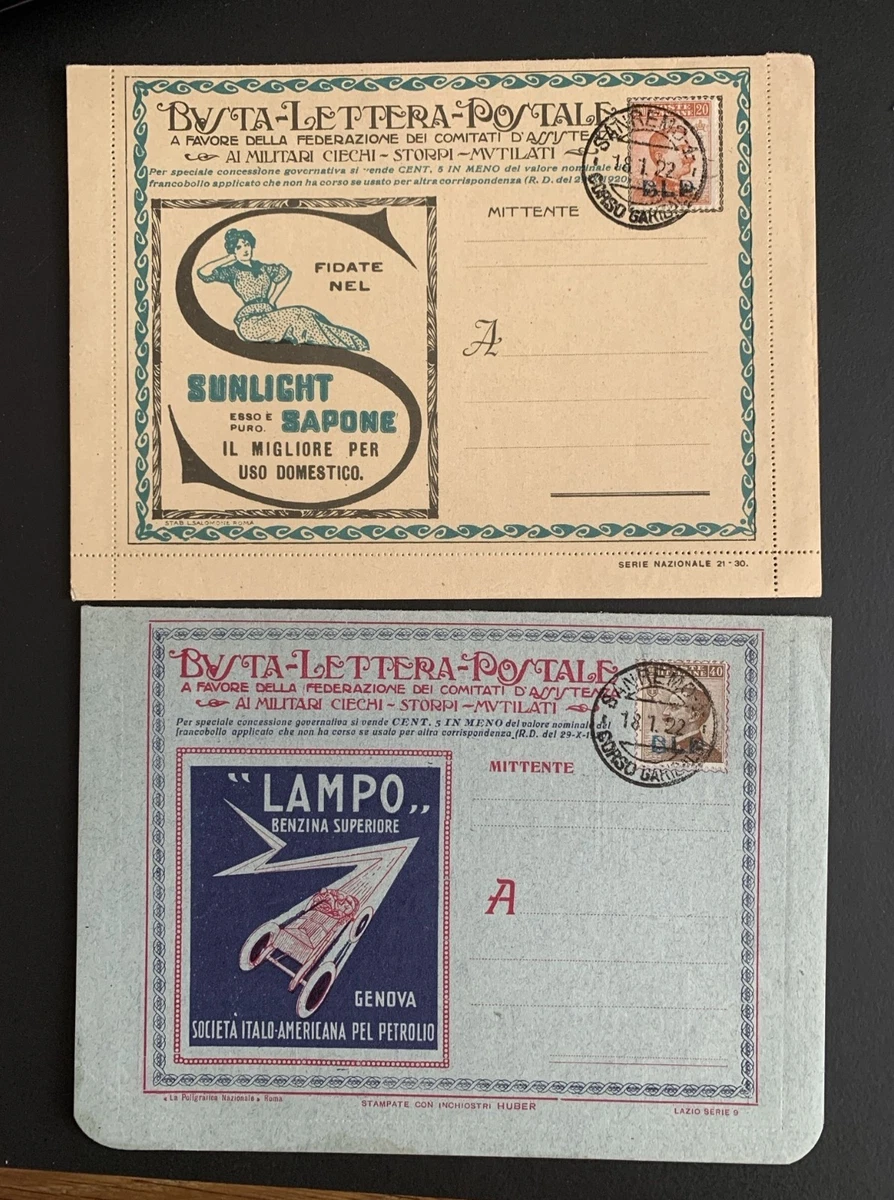 Italien: 2 Anzeigenbriefe "BUSTA-LETTERA-POSTALE", gestempelt