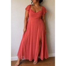 Azazie Coral Chiffon Maxi Dress Flutter Sleeve Size A16 Bridesmaid Formal