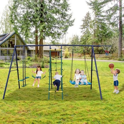 6-in-1 Backyard Swing Set w/ Climber, Net, Glider, Hammock, Hoop | Unbranded