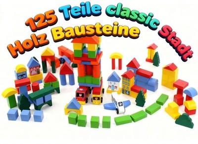 Kinder Holz Bausteine Stadt 125 Teile Spielstadt Bauklötze Steine bunt ab 2