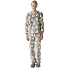 Penti Womens M Puppy Dog Print Gray Pajama Set Soft Cozy Winter