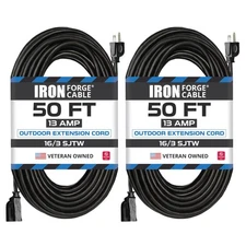 Iron Forge Cable 2 Pack 50 Ft Black Extension Cord, 16/3, 50 Foot Extension Cord
