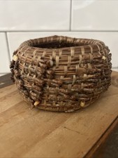 Pine Needle Small Basket Bowl with Coiled Design With Beads Handmade Vintage