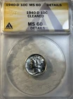 1940 - D Silver Mercury Dime 10 Cents ANACS Certified Uncirculated MS60 Cleaned