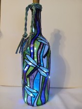 Dragonfly Wine Bottle Lamp Hand painted Lighted Stained Glass Look 3
