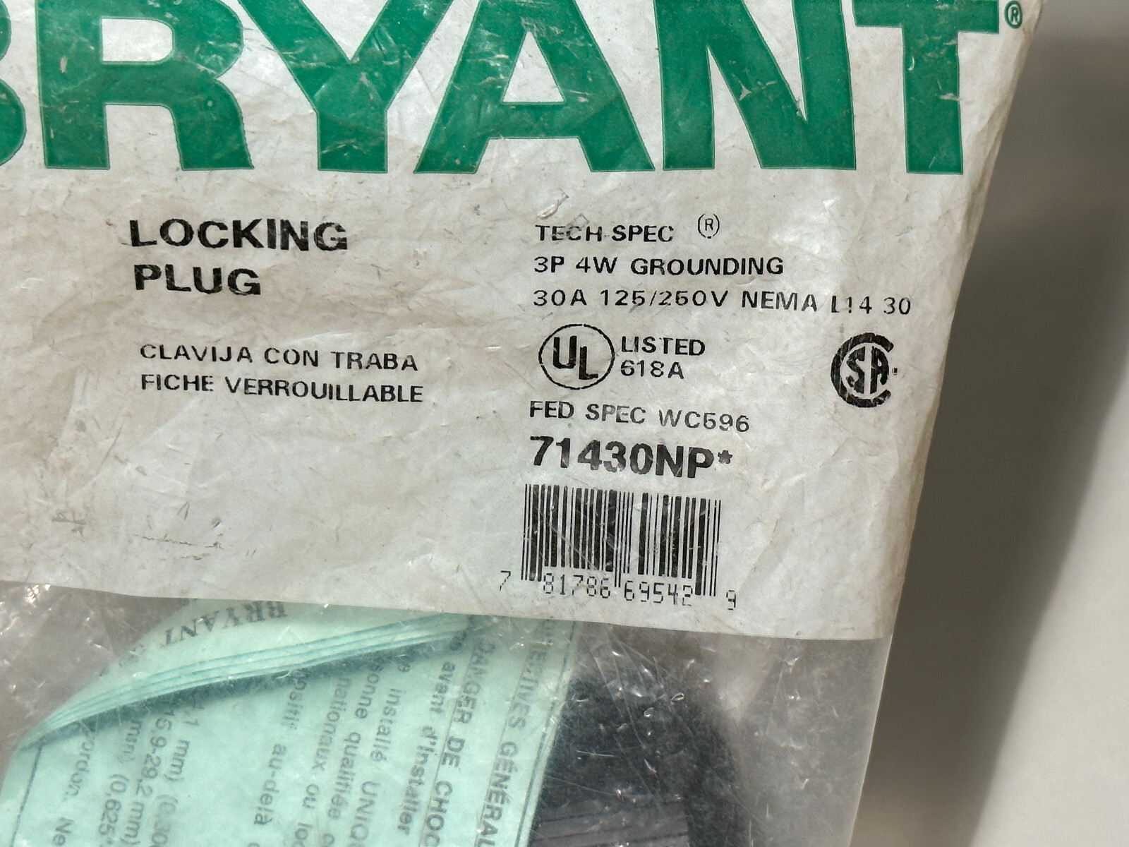 NEW Bryant Locking Male Plug 71430NP NEMA L14-30 Made In USA 30A 125 ...