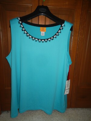 NWT RUBY Rd. Woman's Aqua Blue Poly Spandex Embellished Pullover Top 1X $44.
