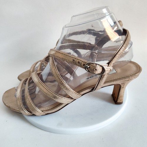 Nina Shimmery Gold Strappy 2" Sandals Open Toe Comfortable Prom 8.5 Leather Sole - Picture 4 of 10