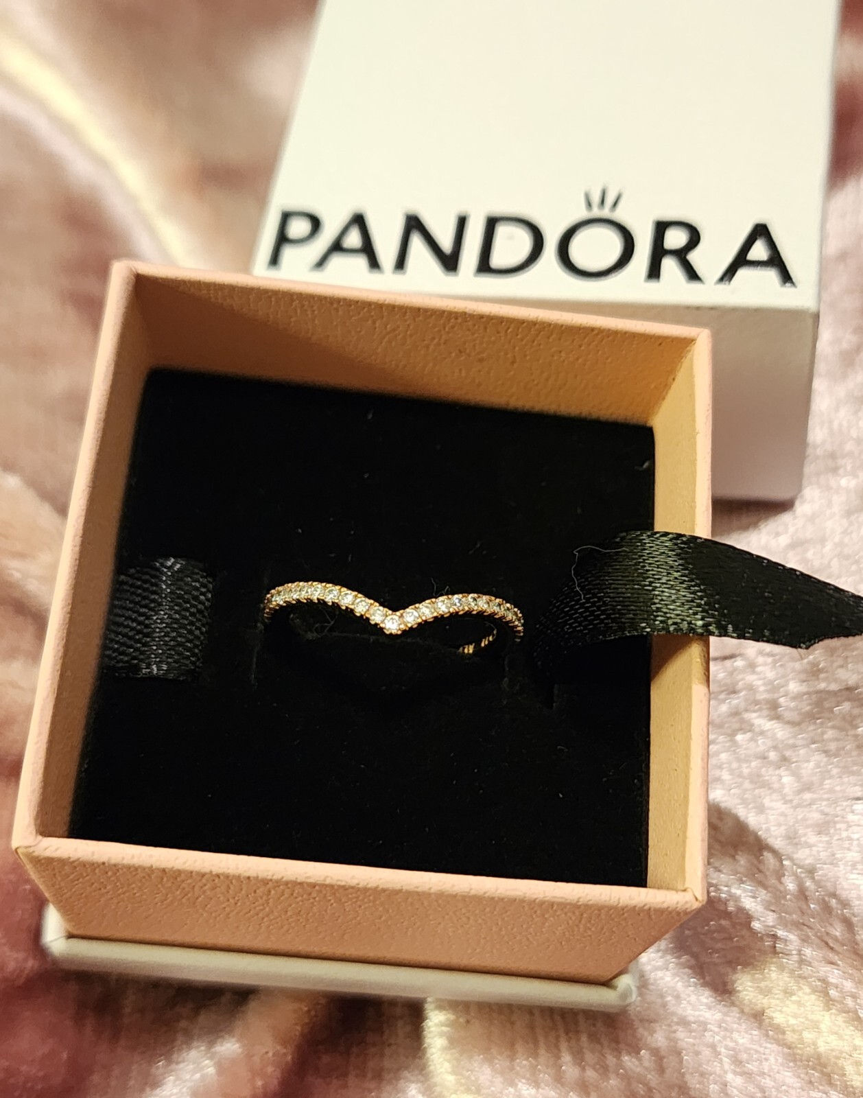 SPARKLING WISHBONE Authentic PANDORA Rose GOLD Plated Ring 186316CZ-52 Sz 6 NEW!