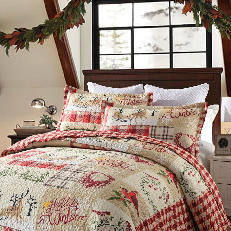 3 Pcs Cozy Cabin Christmas Quilt Set – Festive Bedspread with Rustic ...