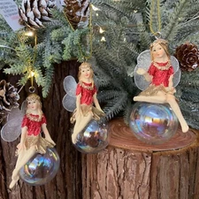 3 Red Gisela Graham Fairy Christmas Tree Decorations Sitting Soap Bubble Bauble