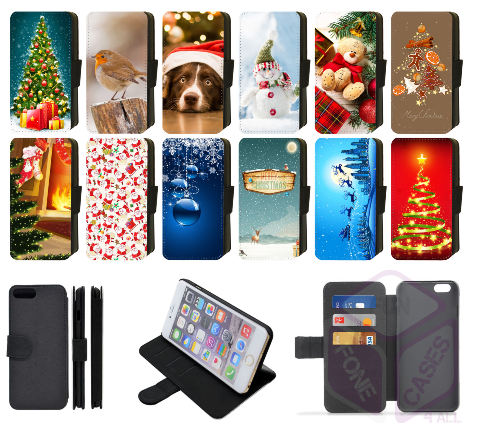 Funda de teléfono billetera/abatible de cuero sintético impreso para iPhone reno muñeco de nieve S2