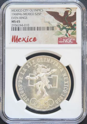 Mexico 25 Pesos 1968 Mexico City Olympics, NGC MS65. Even Rings.  KM# 479.1