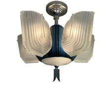 1930s Art Deco 6 light slip shade simi-flush mount fixture, chandelier