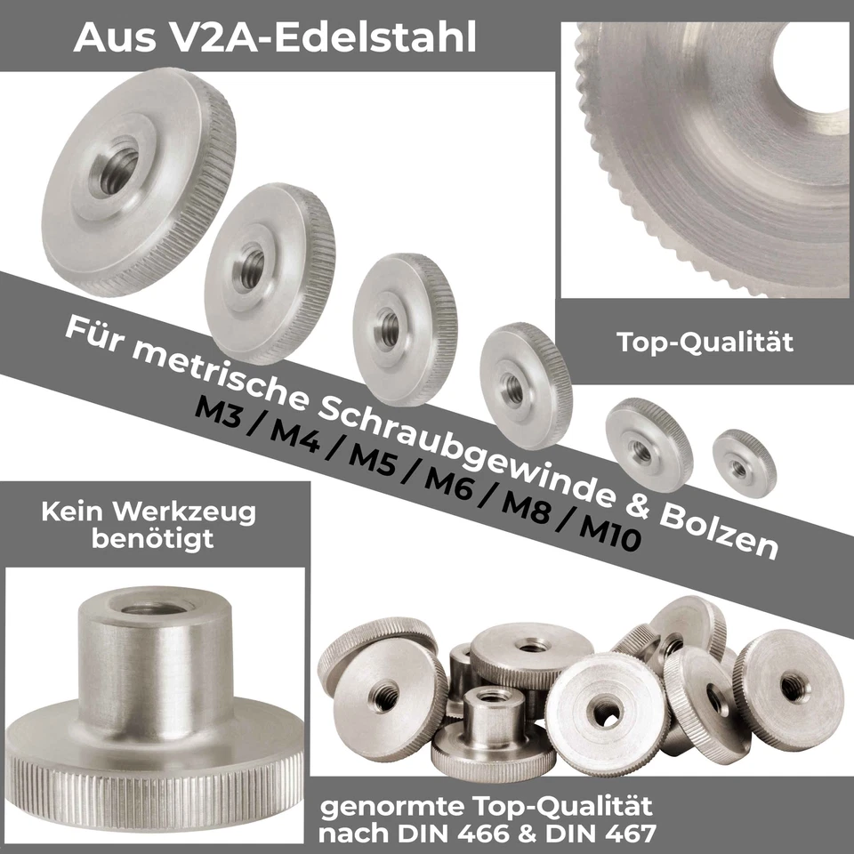 Rändelmutter Edelstahl V2A M3,M4,M5,M6,M8,M10 DIN 466 & 467 flache & hohe Form  - Bild 2 von 4