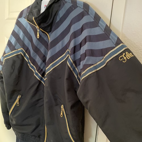 Vtg 80s FILA Track Suit Jacket + Pants Black Green Gold Zip Women's 10 - Picture 5 of 12