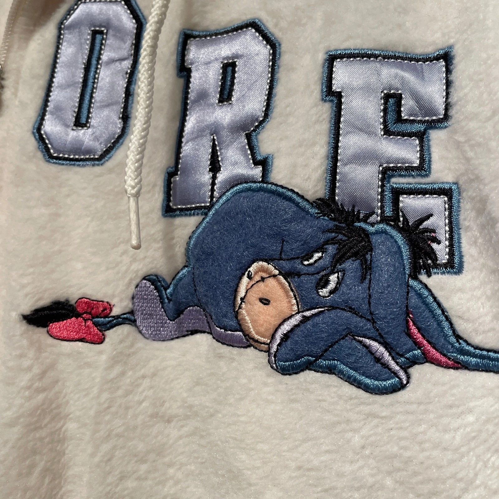 OFF WHITE Felpa con cappuccio vintage Disney Eeyore XL pile peluche ricamato zip Y2K nuova senza etichette rara