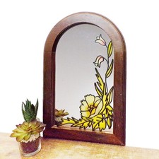 Vintage Stained Glass Mirror Small Wall Floral Yellow Flowers Wood Frame Arched