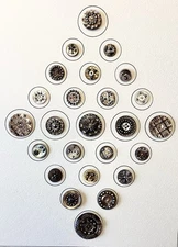 GORGEOUS CARD OF 25 DIFFERENT ANTIQUE CARVED PEARL / SHELL BUTTONS W/ CUT STEELS