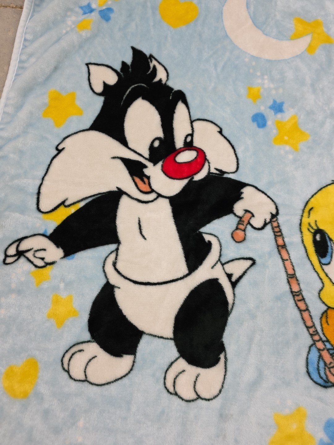 Vintage 2000 Baby Looney Tunes Sylvester Tweety Bird Baby Blanket Blue 42x32 Y2K
