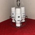 Vintage Set Of 3 Salt & Pepper Milkglass Shakers Marion-Kay With Caddy See Pics