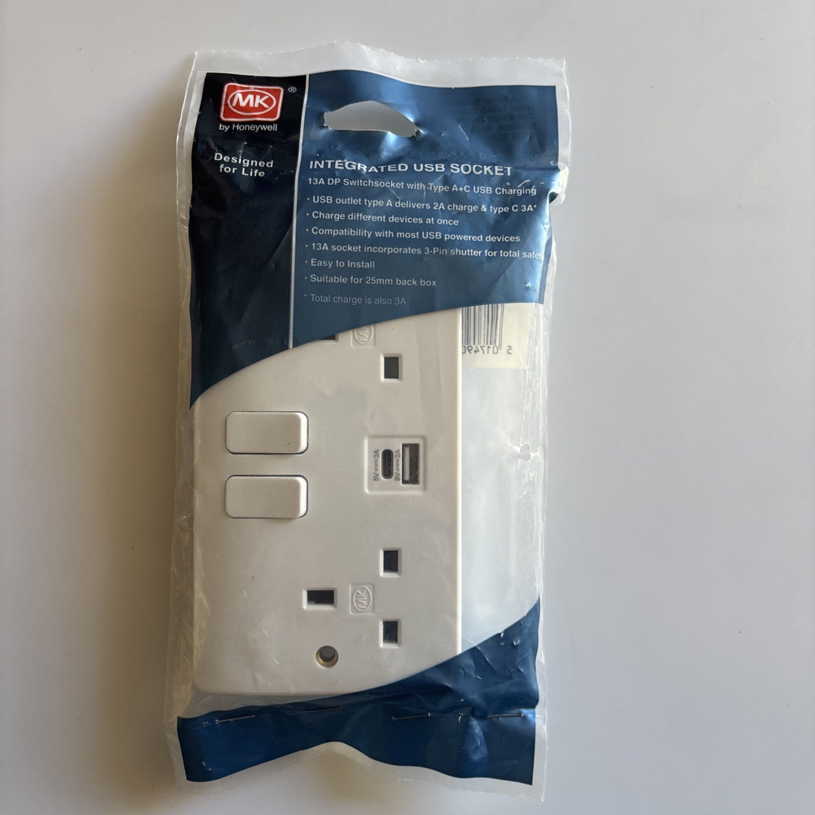 MK Integrated USB Double Switch Socket 13A DP With Type A+C USB Charging K2745