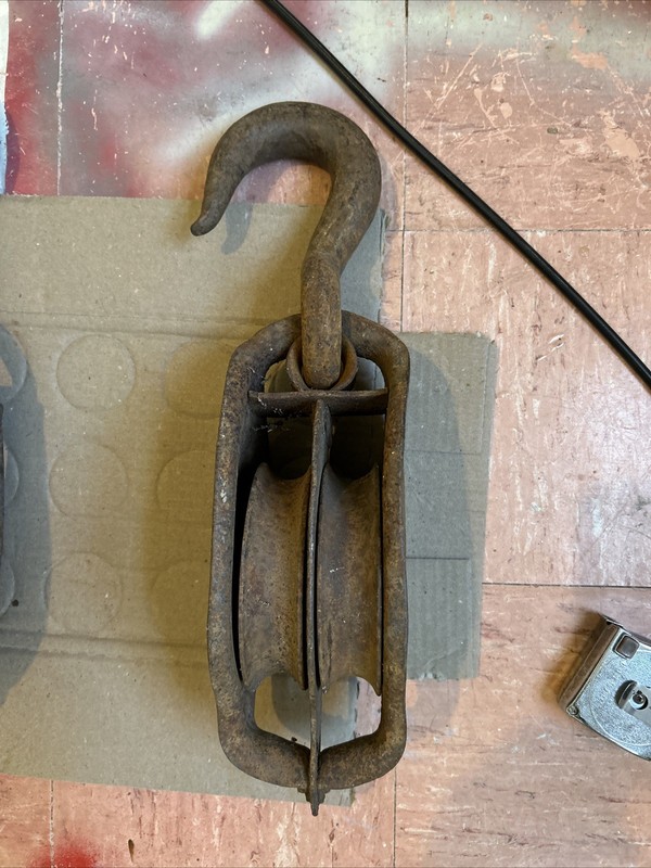 Older All Steel Double 5 inch Pulley 7 Inch Tempered Hook 16 Inch