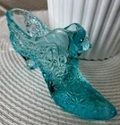 Vintage Fenton Daisy & Button Art Glass Aquamarine / Teal Cat Head Slipper Shoe