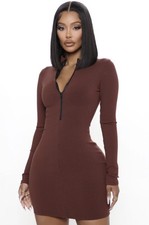 FASHION NOVA Women’s Brown Long Sleeve Front Zipper Snatched Ribbed Mini Dress