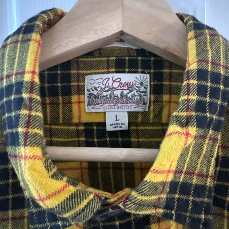 Retro J Crew Classic Plaid Flannel Shirt Men's L Yellow Black Button Up Preppy