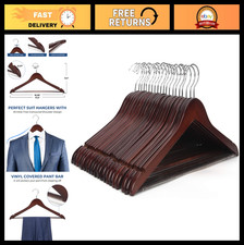 20 Pack Wooden Coat Hangers 17.5" Non-Slip Pant Bar Smooth Walnut Finish Closet