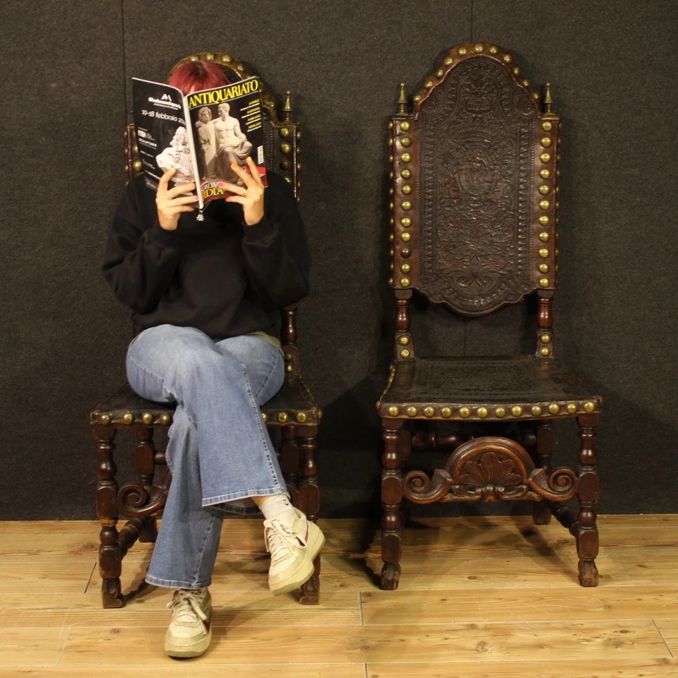 Pair of Italian antique chairs furniture seats armchairs leather wood 18th cent - Image 2 of 4