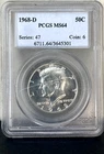1968-D 50c Kennedy Silver Half Dollar - PCGS MS64-Scratch on Slab