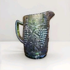 Vintage IMPERIAL CARNIVAL GLASS Green Grape Vine PITCHER 6" Ribbed  Rim