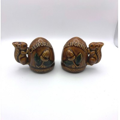 Vintage California Squirrel Acorn Salt Pepper Shakers Brown Ceramic Japan MCM